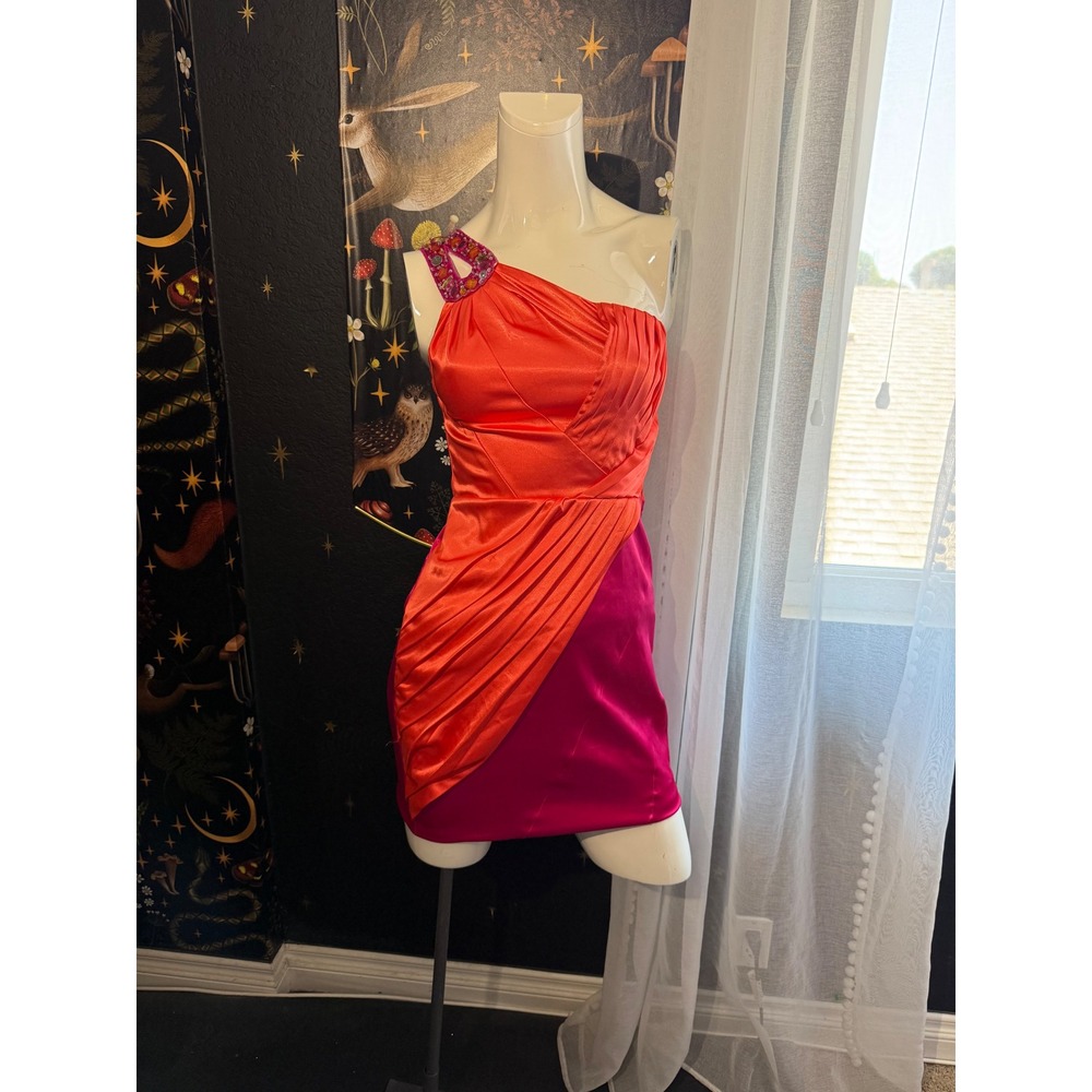 B. Darlin Orange Pink Colorblock One Shoulder Beaded Satin Mini Dress Size 5/6